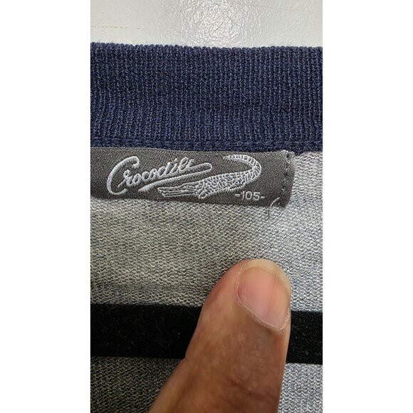 Crocodile Men's Gray V-Neck Cardigan Sweater Navy Trim & Button Front Size M - Picture 5 of 8